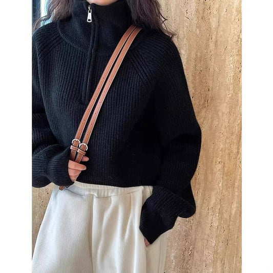 Cropped, half-zip ribbed knit sweater